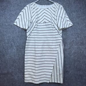 Karen Millen Dress Womens 10 White Navy Striped Nautical Fitted Career Pencil